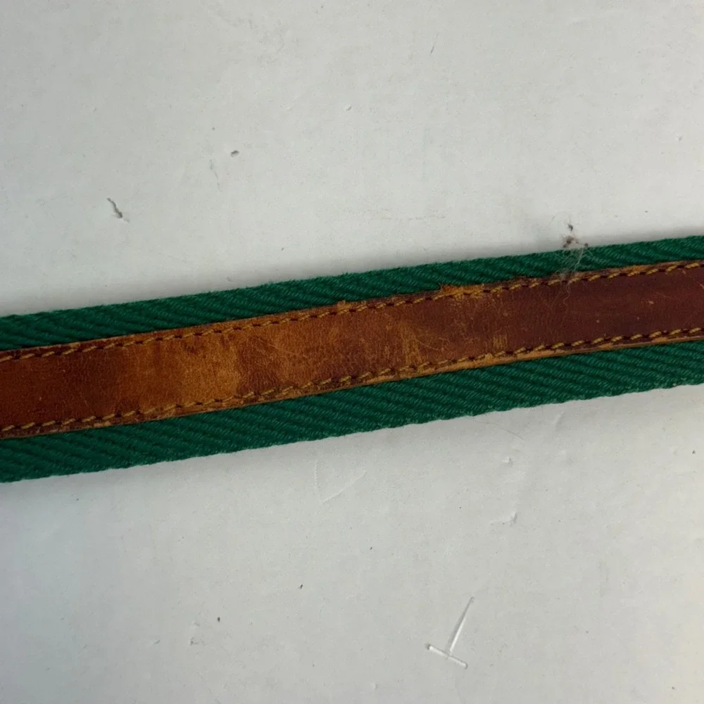 Christian Dior Vintage Mens Belt Green Canvas Tan Leather Spain 30 34 85 218923